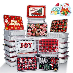 40 Pieces Christmas Foil Containers with Lids,9 Holiday Designs,7"x5"x2" Rectangular Treat Foil Containers,Disposable Cookie Tins Storage Pans for Winter Holiday Gift Giving Party Supplies