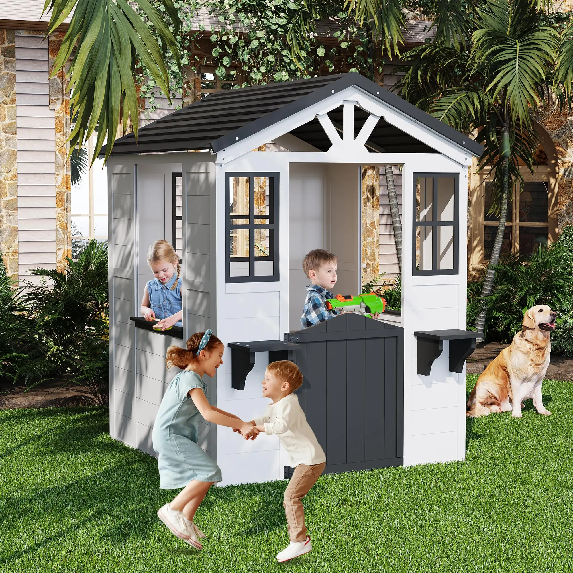 Quality Wooden Outdoor Playhouse for Kids – Cedar Toddler Play Cottage with Vinyl Roof, Play Kitchen – Standard Certified Toy House