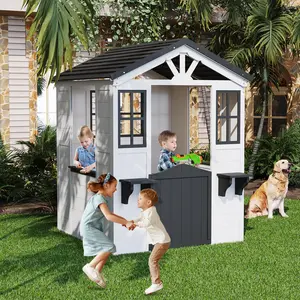 Quality Wooden Outdoor Playhouse for Kids – Cedar Toddler Play Cottage with Vinyl Roof, Play Kitchen – Standard Certified Toy House