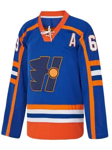 Men's Movie Inspired #69 Lace Up Long Sleeve Hockey Jersey, Royal Blue Orange White Striped Mesh Uniform, Captain A Patch Loose Retro Fan Shirt for Theme Parties, Winter Streetwear & Sports Game Outfits