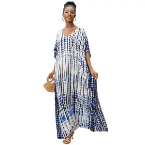 Women Plus Size Ethnic Print Kaftan Dress Swimsuit Cover Up,Mrs. Roper Kaftan, Swimsuit, bubu, mumu, Casual Womenswear Boho Caftan Baggy Beach Chic Summer Bohemian Drape Coat - B&W Navy