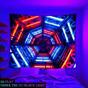 2D Flat - 2D Flat - 2D Flat 1pc QD_VIVIOS Geometric Neon Print Blacklight Tapestry UV Reactive Tapestry Fluorescent Wall Tapestry Bedroom Decor Dorm Decor Party Decor Bedside Wall Art HD Printing Soft Fabric Easy to Hang Durable