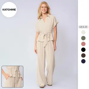 KATCH ME Women's Basic 2-Piece Collared Neck Rolled-Up Short Sleeve Top & Loose Wide Leg Trousers Co-ord, Minimalist Womenswear, Plain Summer Outfits