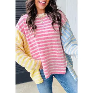 Multicolour Colorblock Striped Patchwork Dolman Sleeve Slit Sweater