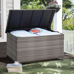 Outdoor 120 Gallons Storage Deck Box with Waterproof Liner, Patio Wicker Rattan Bench Bin with Lid, Universal Wheels for Patio Furniture Pillows, Cushions, Gardening Tools(Gradient Grey)