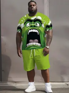 Men's Two-Piece Set, Short Sleeve Anime Style Cartoon T-Shirt and Shorts, Casual Summer, Fitted, Colorblock, Regular Length