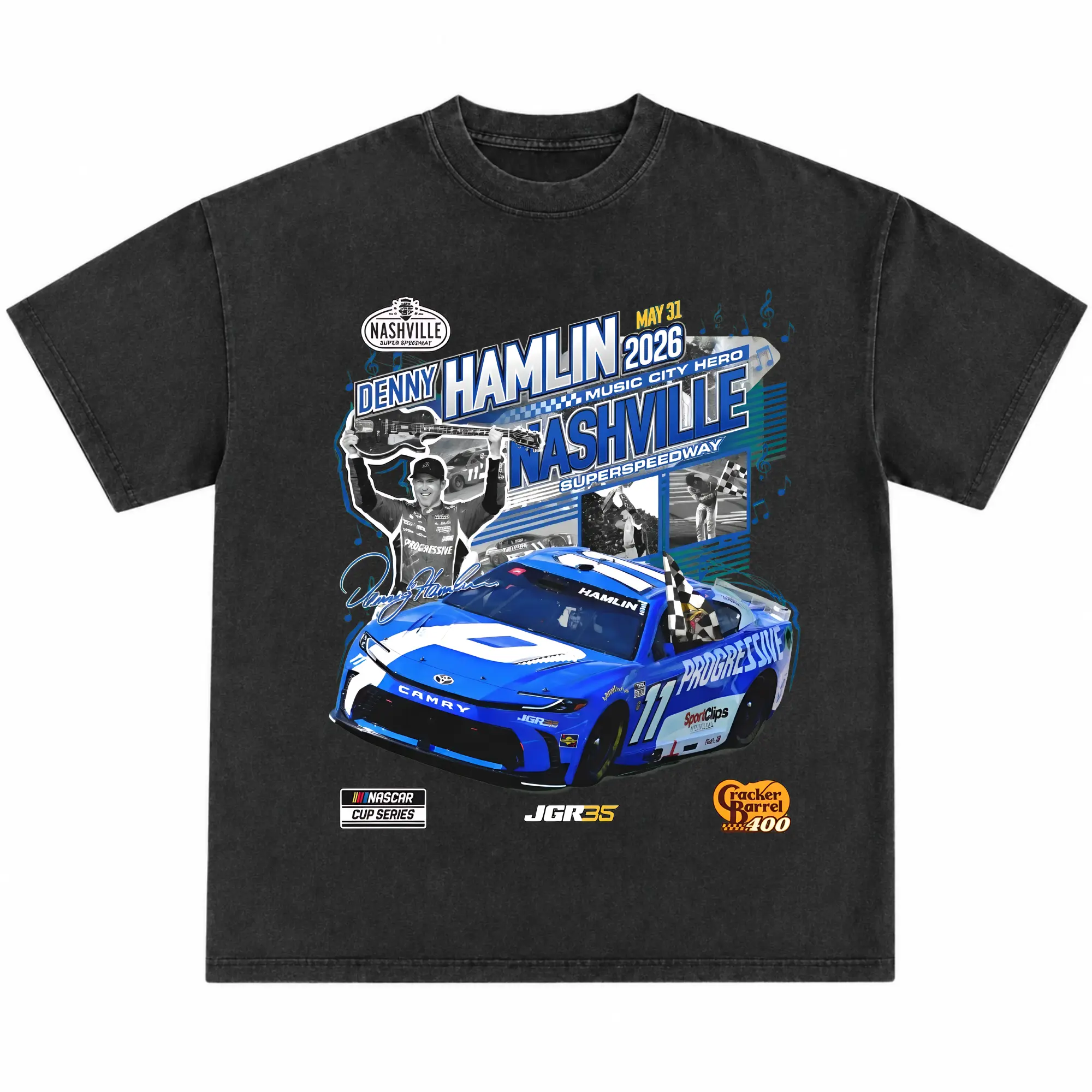 Denny Hamlin Nashville 2026 T-Shirt, Vintage Washed Black Blue Race Car Graphic Tee, Music City Speedway Motorsport Fan Shirt - Menswear & Underwear - Men's Tops - T-shirts - Men's Short-sleeve T-shirts