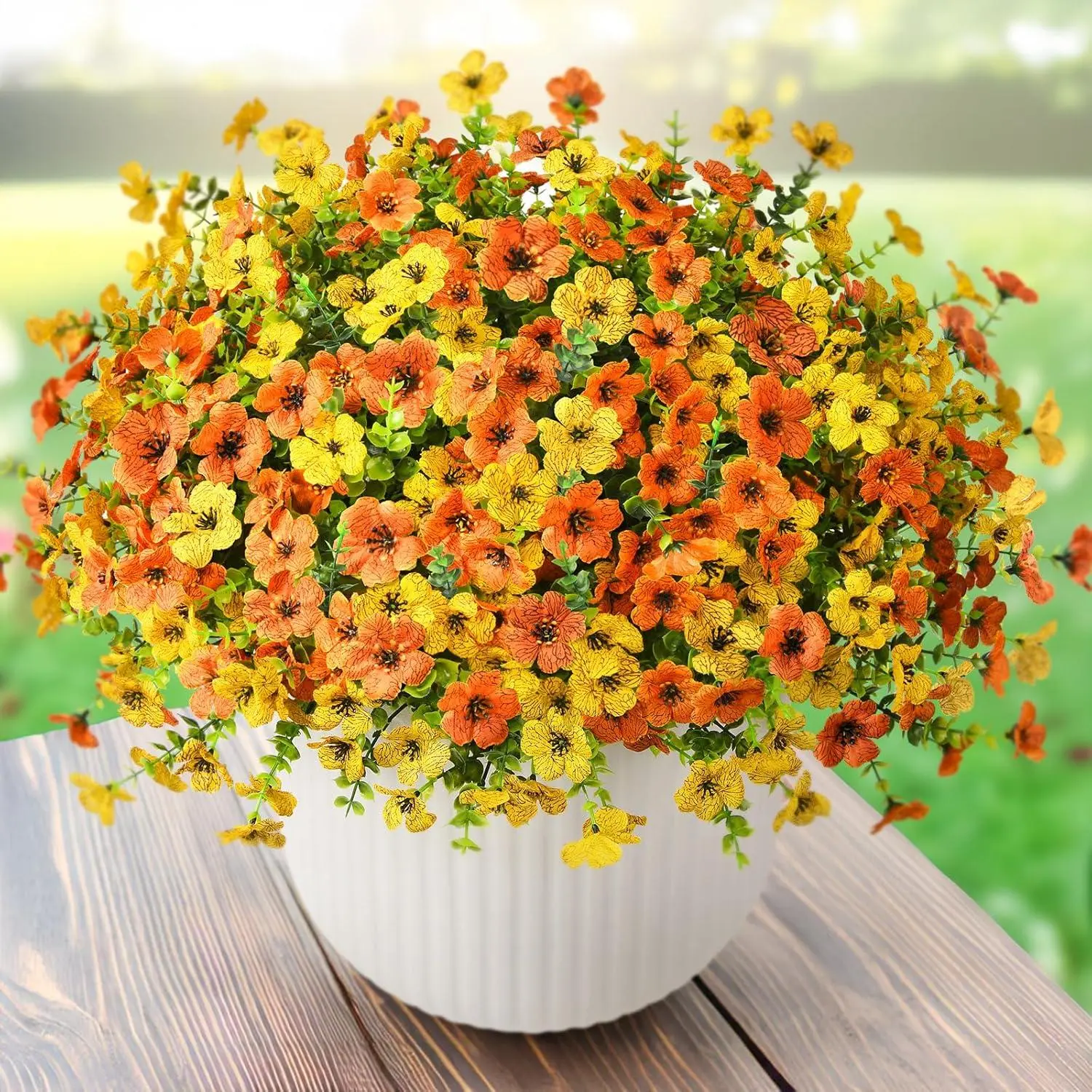 UV-Resistant Silk Fabric Artificial Flower Bundles (12-24 Packs) - 24pcs Colorful Simulated Yellow&Orange Daisy, Eucalyptus, Lavender, Bendable Decorative Flowers & Artificial Plants for Home Interior, Outdoor Porch