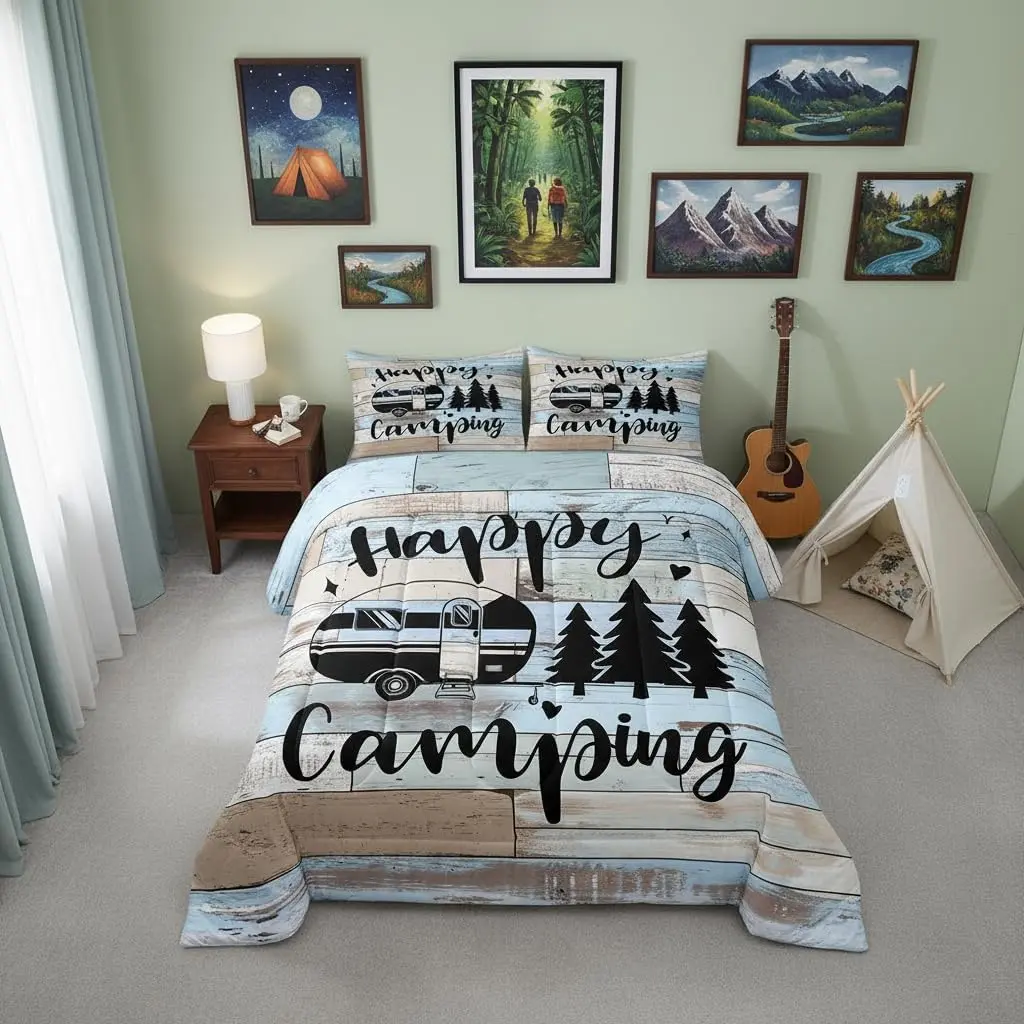 RV Camper Bedding Set Happy Camping Outdoor Comforter Rustic Farmhouse Style Comforter Set Old Barn Door Duvet Set Quilt Set Comforter Set