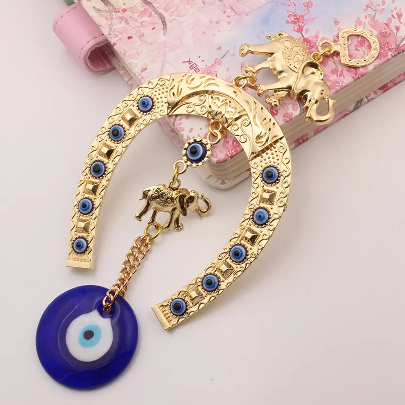 Gold Horseshoe Evil Eye Wall Hanging Ornament, Turkish Blue Nazar Eye with Double Elephant Alloy Pendant, Lucky Amulet Home Wall Decor Gift