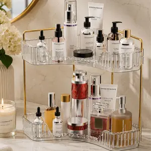 Corner Bathroom Organizer with Perfume Tray – 2-Tier Storage Rack for Skincare, Cosmetics & Countertop Organization (Green)