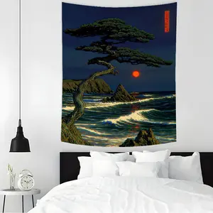 Japanese Ukiyo-e Wave and Pine Decorative Tapestry Artwork - Oriental Zen Wall Hanging for Bedroom, Asian Ink Painting Wall Decor for Study Room