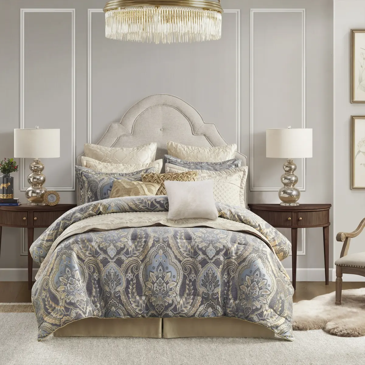 Croscill Classics Julius Queen Size Luxury Polyester Bedding Comforter Set - 4-Piece Traditional Durable Set, Beautiful Patterns, YKK Hidden Zippers, Blue & Grey, 92x96x1.5 in, Dry Clean Only, Maximalist Bedroom Decor