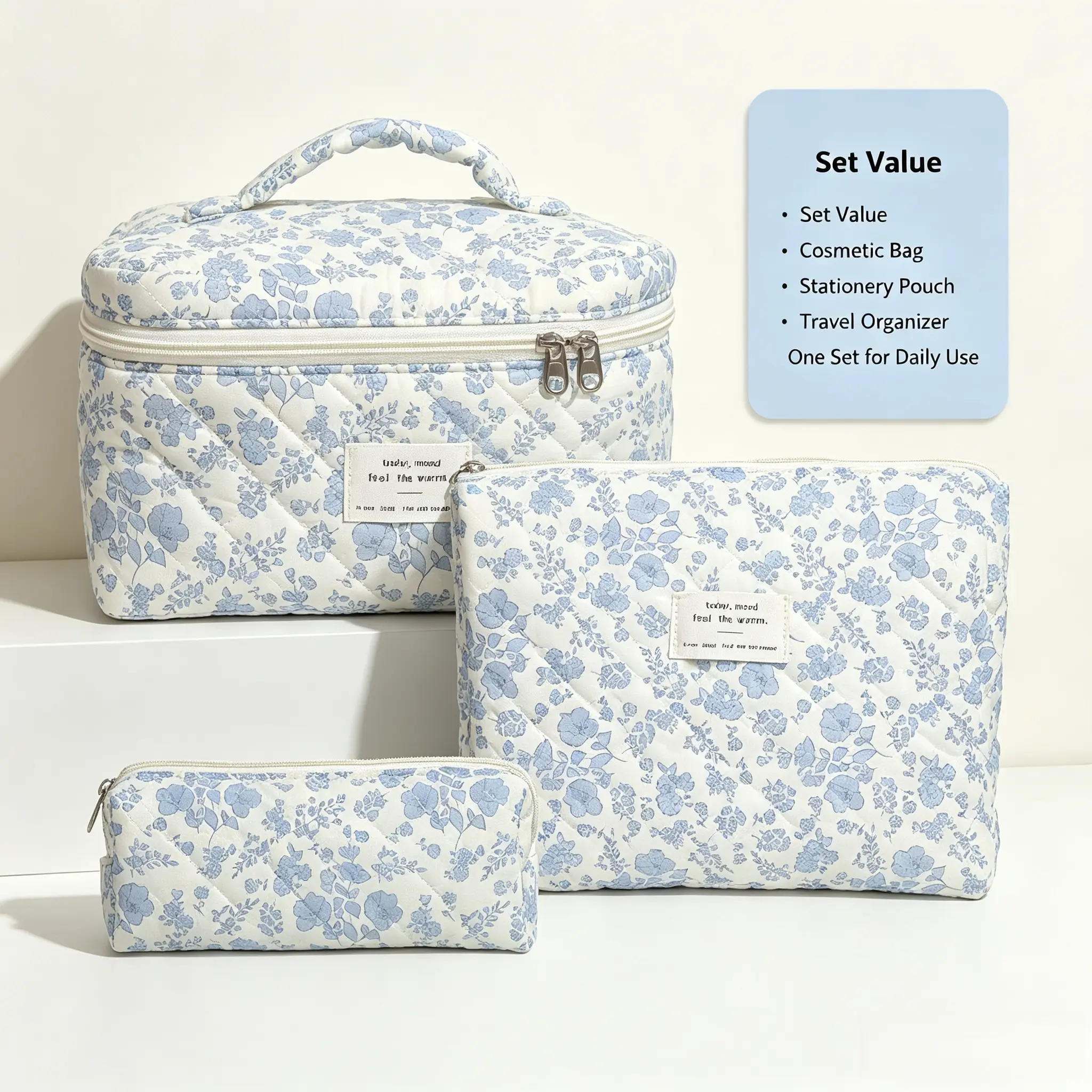 Quilted Floral Cosmetic Bag Set, 3-Piece Padded Cotton Makeup Storage Organizer, Portable Toiletry Pouch for Travel and Handbags, Cosmetic Storage Bag, Makeup Organization, Purse Accessories, Polyester Fabric, Travel Must Haves, Carrying Set Make-Up Bags