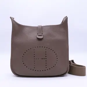 Pre-owned HERMÈS Leather Shoulder Bags Taurillon Clemence Evelyne III PM Etoupe TWINS LDJ3662