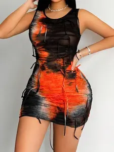 American Vintage Tie-Dye Tight Skirt, Faded Fringe Mesh Patchwork, Sexy Style Aesthetic Midi Dress, Elegant Lady Women's Fashion Womenswear