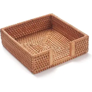 Square Woven Napkin Holder 7.5" x 7.5" x 2.5", Wicker Napkin Tray for Paper Napkins, Guest Towel Holder for Restaurant Kitchen Bathroom Table