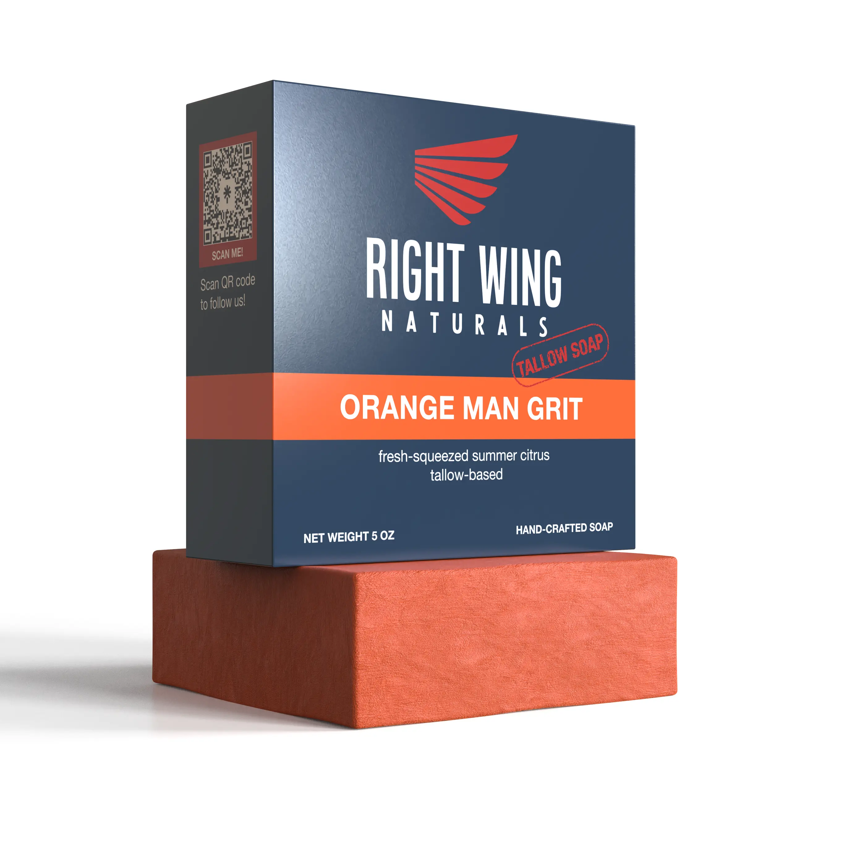 RIGHT WING NATURALS ORANGE MAN GRIT Soap - Grittiest Citrus Scent for Body Care & Skin Repair - Zesty Refreshing Tallow-Based Bar - 5 oz