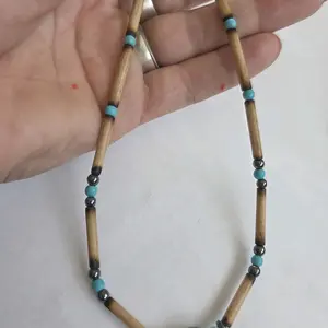 Handmade Bamboo Necklace with Turquoise & Hematite Beads 16 Inch Choker No Plastic Wearable in Shower & Swimming