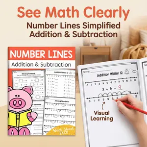 US & EU Safety Approved! Fun Visual Math Drills Learning Materials: Number Lines, Addition & Subtraction for Preschool to 1st Grade (32 Pages)