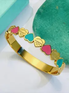 Fashion Heart Enamel Bangle, Heart Design Bracelet, Women's Titanium Steel Vacuum Gold Plated Bracelet, Versatile Best-selling Western Style Jewelry, Fashionable Bangle, Stainless Steel Bracelet, Trendy Jewellery Accessories
