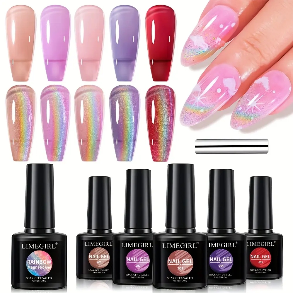 7Pcs Rainbow Holographic Cat Eye Gel Nail Polish Set Shimmery Magnetic Nail Gel With Magnet Stick Transparent Base Color  Nail Art Supplies For DIY Manicure Beginner Salon Nail Enhancement Cosmetic