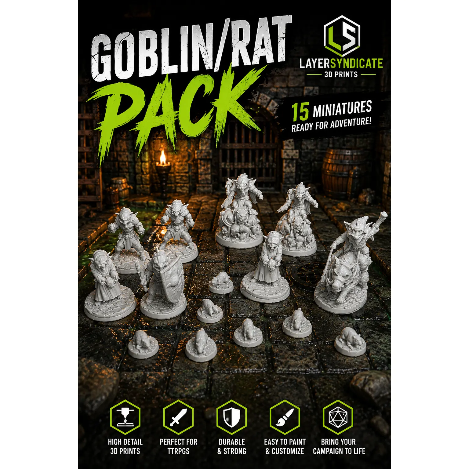 Goblin & Rat Pack 3D Printed Gaming Figurines, 15 High-Detail 32mm Plastic Dungeons & Dragons Statues, Durable, Easy to Paint/Customize Home Decor Perfect for TTRPGs