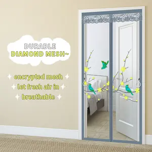 Gray Embroidery Door Curtain - Rhombic Mesh Material, Maximum Fit 47.3inch x 82.7inch, Self-Adhesive, Magnetic Suction, No-Punch Design