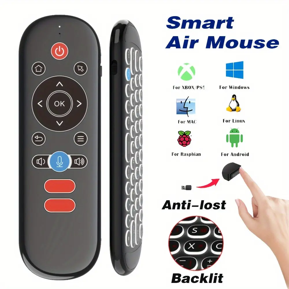 W1 Plus Smart Air Mouse Remote Control, 2.4GHz Wireless, Voice Search with Google Assistant, Backlit Qwerty Keyboard, Anti-Lost, for Android TV/PC/projector/xbox/ps5