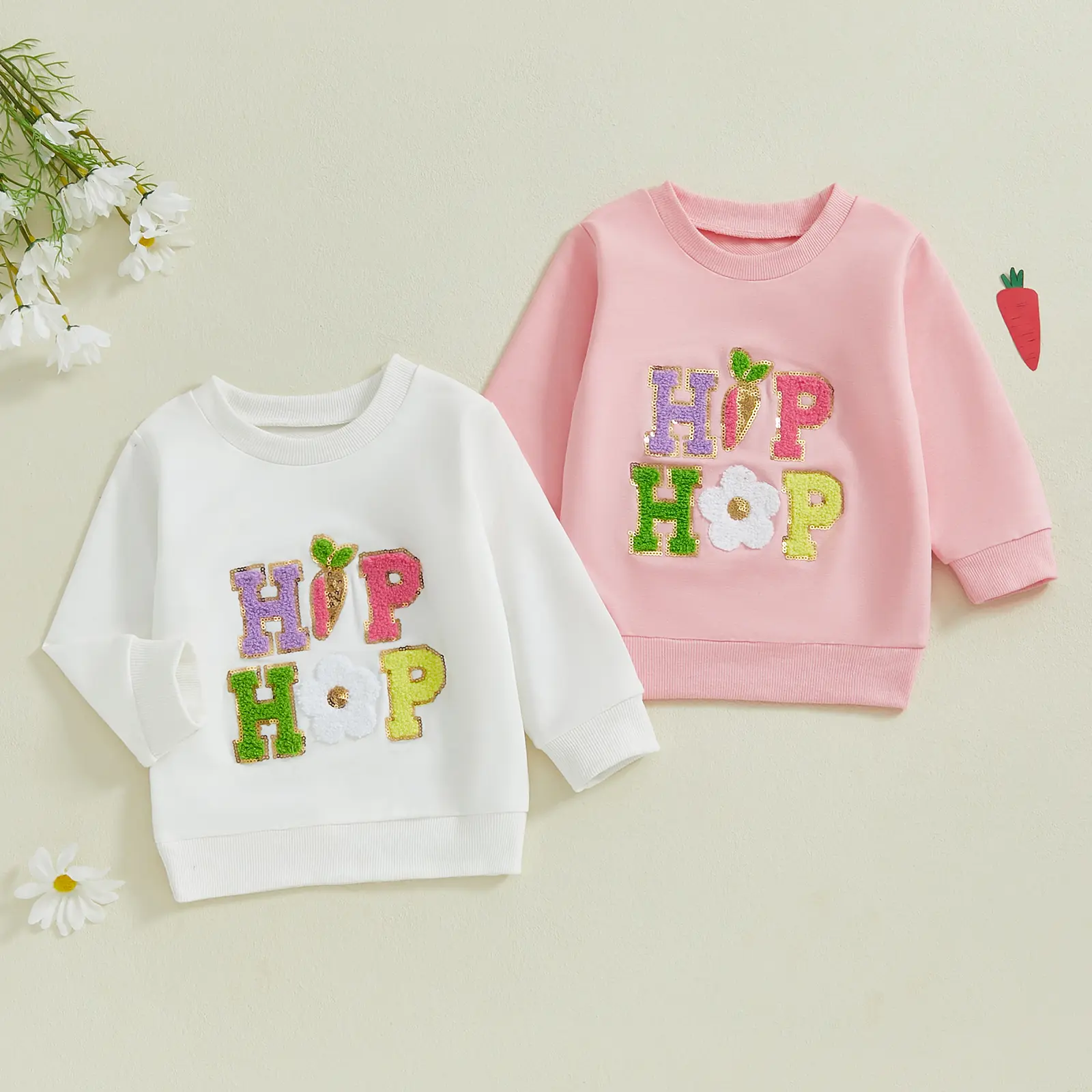 Imcute Kids Toddler Infant Baby Girl Boys Easter Sweatshirt Sequin Letter Hip Hop Embroidery Round Neck Long Sleeve Tops Pullover