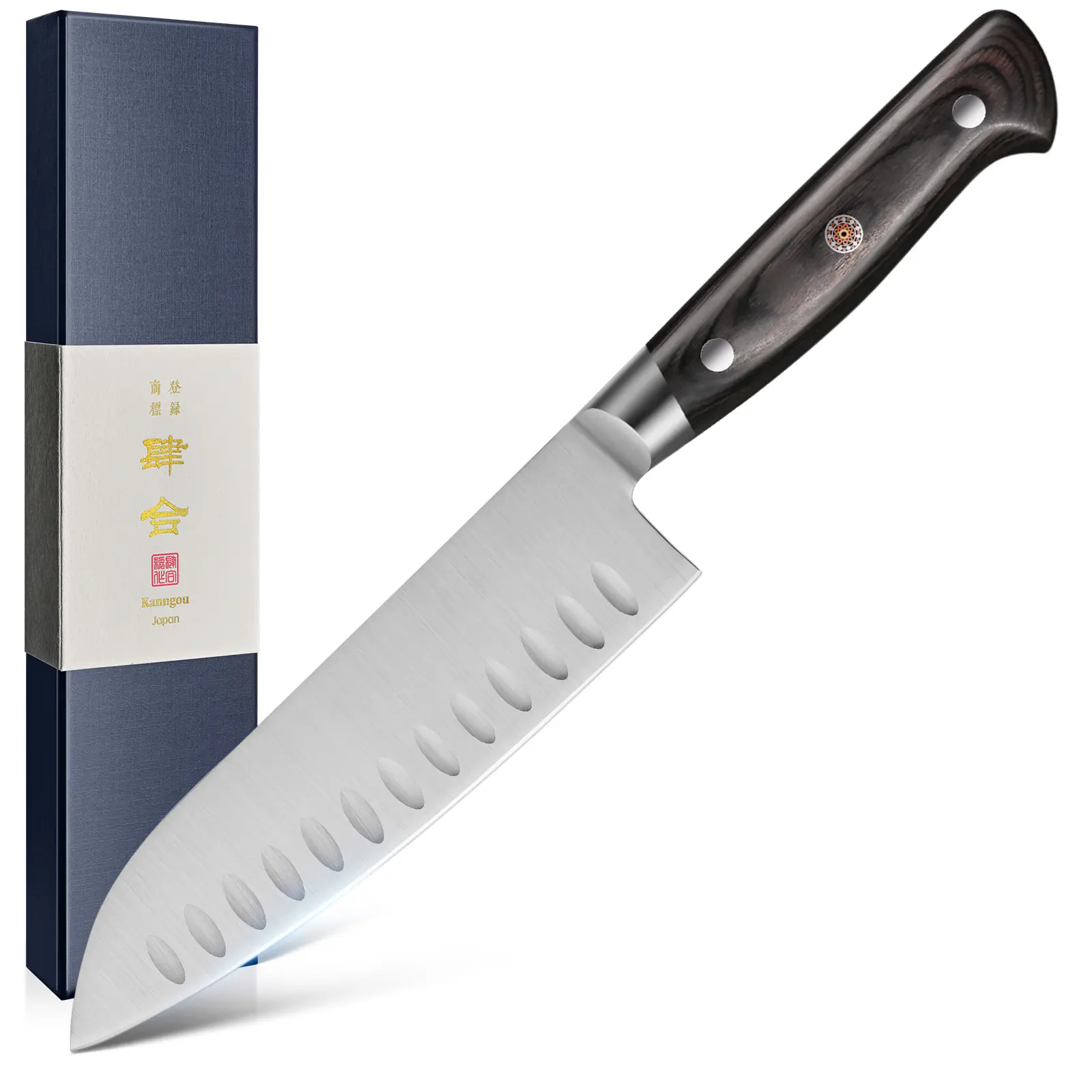 Kanngou Classic Series 7-Inch Santoku Shredding Kitchen Knife - Japan AUS-8 Alloy Steel, Full-Tang Black Pakkawood Handle Vegetable Chopper, Premium Gift Box - Ideal for Home Chefs (Christmas, Weddings) Note: Knife block differs from ad imagery