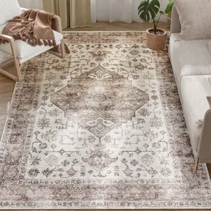 5x7 Tan Indoor Area Rug 100% Polyester Machine Washable Non Slip Thin Floor Carpet Multi Room Use Full Specs