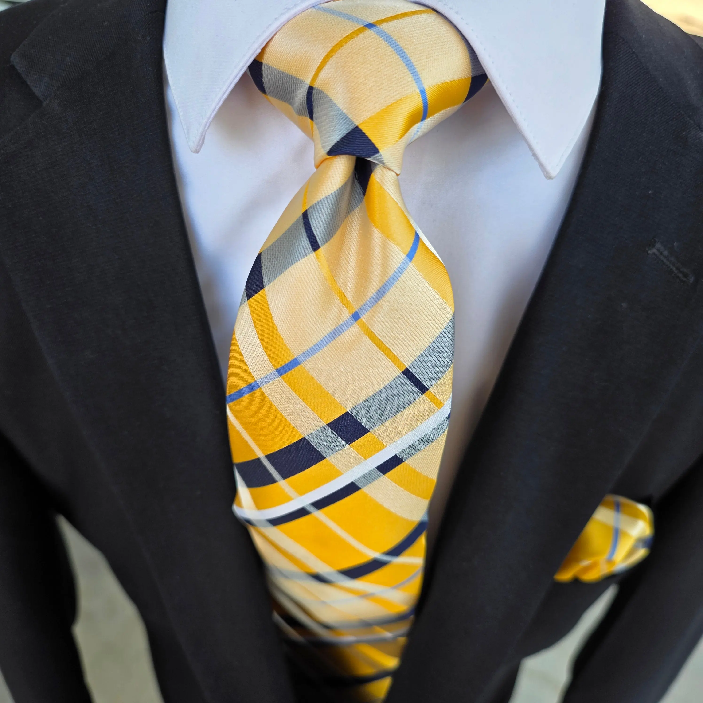 Extra Long Yellow Plaid Tie Pocket Square Cufflink Set