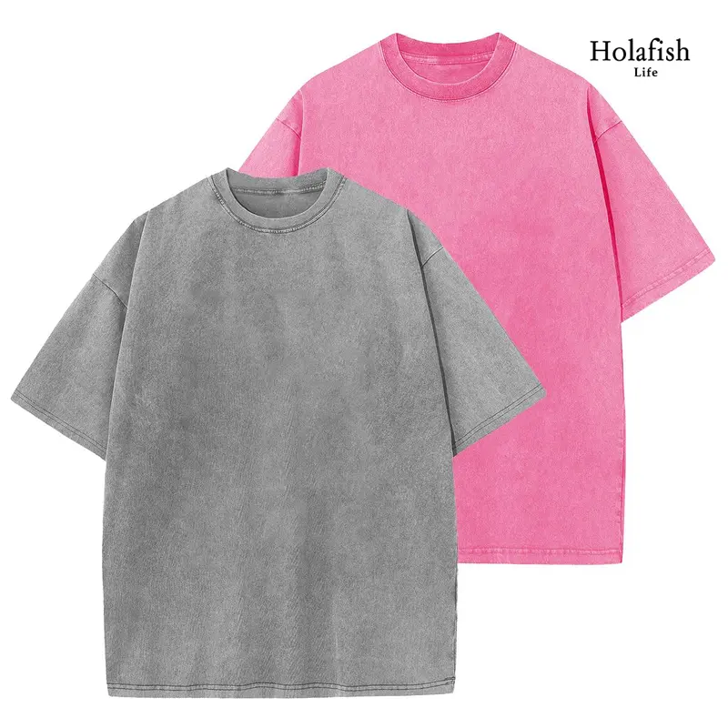 Holafish Women's Vintage Acid Washed T‑Shirt Soft Heavy Cotton Baggy Loose Plain Round Neck Oversized Short Sleeve Unisex Fit Casual Everyday Top for Men and Women
