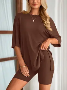 Women's Crewneck Two-Piece Set, Womenswear Summer Casual Minimalist Oversized Shirt & Biker Shorts, Soft Viscose Material, Comfortable Loungewear