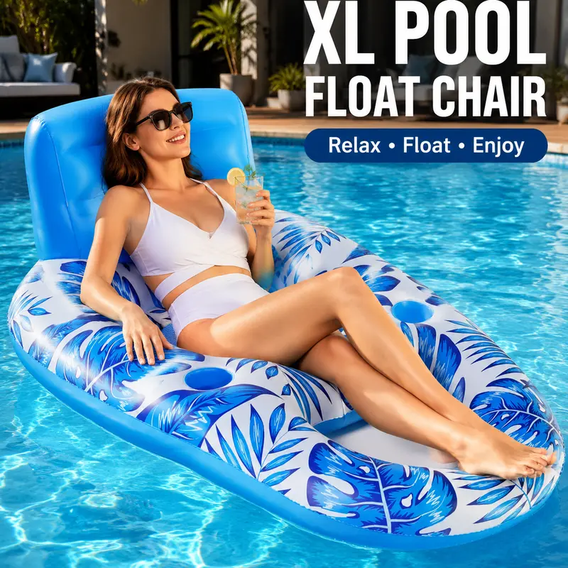 Inflatable Pool Float Chair for Adults with Cup Holder, Comfortable Floating Lounge Chair with Backrest & Armrests, Heavy Duty Water Float for Pool, Beach, Lake and Summer Relaxation
