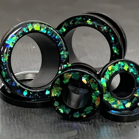 PAIR of Stunning Green Opal Glitter Rimmed Black Screw Fit Tunnels/Plugs - Gauges 0g (8mm) thru 5/8" (16mm)