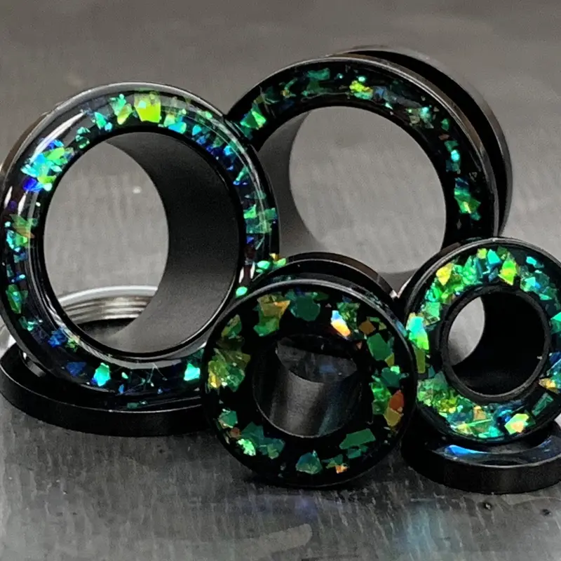 PAIR of Stunning Green Opal Glitter Rimmed Black Screw Fit Tunnels/Plugs - Gauges 0g (8mm) thru 5/8" (16mm)