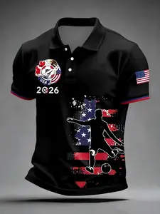 Men's Casual Sport Short Sleeve Polo, 2026 Soccer and Usa Flag Print, Polyester, Breathable, Regular Fit, Daily Wear, Athletic Polo Shirt