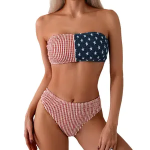 American Flag Color Block Bandeau Bikini Set, Smocked Crinkle Two-Piece Swimsuit with High Waist Bottom, Patriotic Stars & Stripes Bathing Suit, Strapless Quick-Dry Swimwear for Women, 4th of July Vibes Patriotic Summer