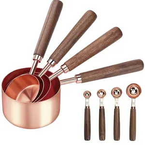 Walnut Handle Copper-Plated Measuring Cup Measuring Spoon Set Kitchen Baking Tools Bartender Measuring Spoon Set Utensils