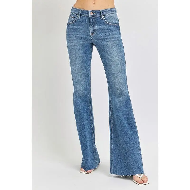 Mid Rise Flare Raw Cut Hem Jeans by Risen
