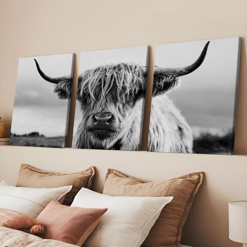 3Pcs Wooden Framed Canvas Painting, Black And White Highland Cow Portrait, Exquisite Poster, Home Decoration, Pattern Wall Art Decor, For Living Room, Bedroom, Office, Restaurant, Bar Wall Decor, Odorless, Painting, Print Artwork. 3Pcs Wooden Framed Canvas Painting, Black And White Highland Cow Portrait, Exquisite Poster, Home Decoration, Pattern Wall Art Decor, For Living Room, Bedroom, Office, Restaurant, Bar Wall Decor, Odorless, Painting, Print Artwork.