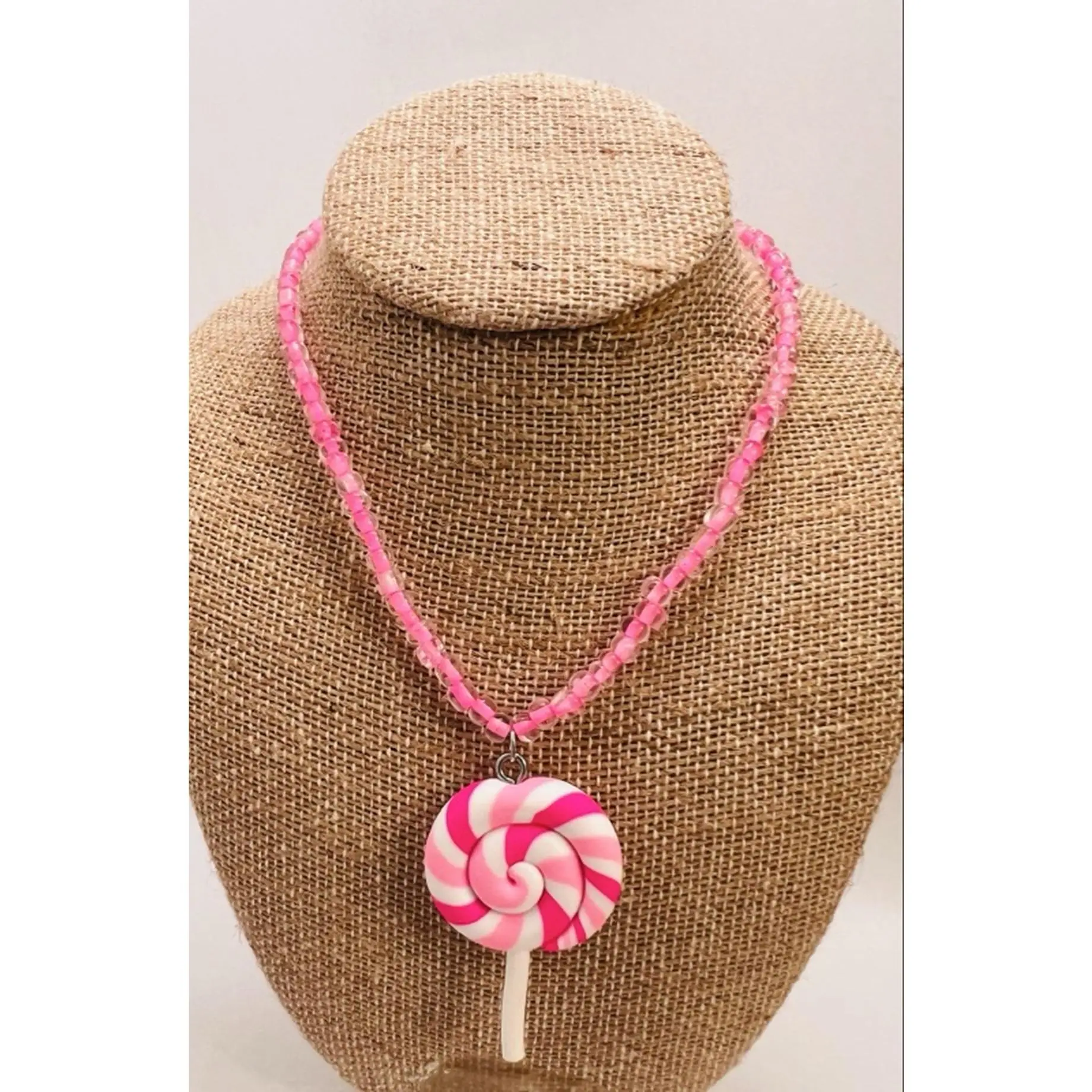 Bubblegum Swirl Pop Stretchy Stackable Necklace with Translucent Pink Beads & Handmade Clay Lollipop Charm for Pastel Lovers