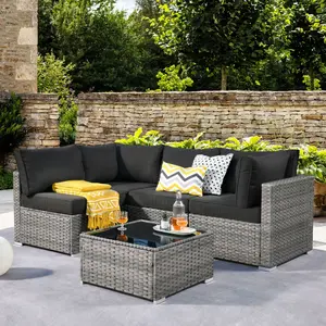 5 PCS Outdoor Patio Sectional Sofa Couch, Grey PE Wicker Furniture Sets, Patio Conversation Sets with Waterproof Cushions Glass Coffee Table for Garden, Poolside, Backyard