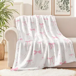 Chic Light Pink Bow Flannel Blanket, Cozy and Soft Throw Blanket for Home Decor, Versatile Use, Perfect for Camping, Traveling, or Office Warmth, Stylish Blanket for Living Room, Snuggle Up in Comfort!