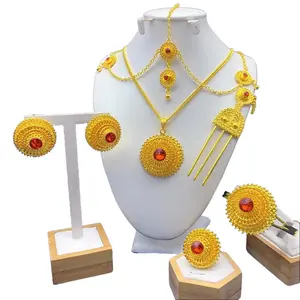 Women's 6-Piece Gold Plated Ethnic-Inspired Jewelry Set - Copper Alloy Geometric Female Costume Accessories with Rhinestones, Pendant Necklace, Stud Earrings, Bracelet, Ring, Hair Fork, Hair Pin, Extend Chain for African Fashion, Ethiopian Weddings