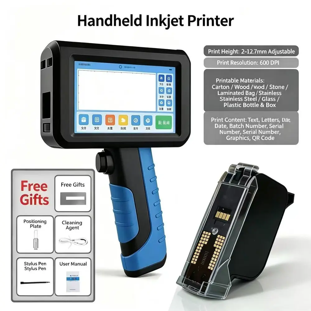 Smart Handheld Inkjet Label Printer, Portable 600 dpi Device with Touch Screen, Adjustable Height for Date, QR Code, Barcode Print, Logo (Computers & Office Equipment, Office Equipment)