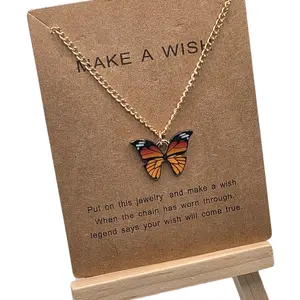 Make a Wish Necklace Assorted Colors with Butterfly Charm on Kraft Card Elegant 16 inch Metal Coated Chain for Wishing Jewelry
