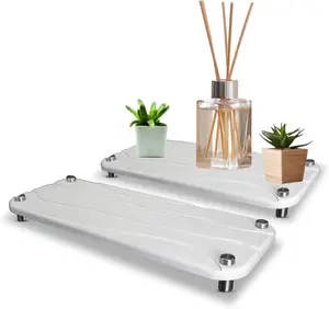 HEARTHSTONE LIVING 2-Piece Water Absorbing Stone Tray Set Fast-Dry Diatomite Soap Trays for Bathroom & Kitchen Sink Silver Finish Absorbent Drying Mat with 8 Stainless Feet